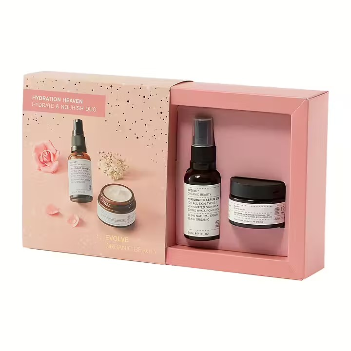 Evolve Hydration Heaven Gavesett – fuktgivende serum og krem med hyaluronsyre og arganolje som gir glød, mykhet og reduserer fine linjer.