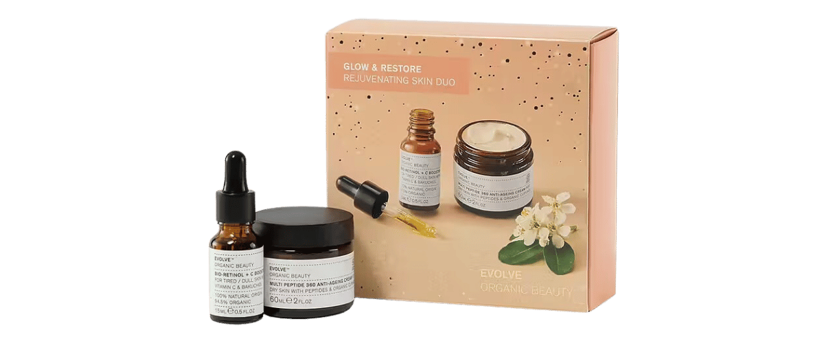 Evolve Glow & Restore Rejuvenating Skin Duo – anti-age gavesett med bio-retinol og peptider som gir glød, reduserer linjer og fremmer fasthet.