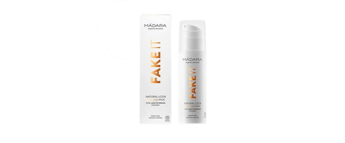 Madara Fake It Self Tan Milk – naturlig selvbruning med hyaluronsyre og jojobaolje for en jevn, solkysset glød uten skjolder.