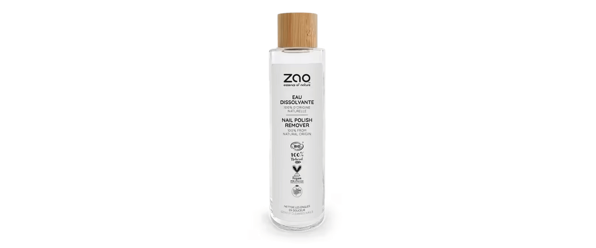 Zao Nailpolish Remover – Økologisk, vegansk neglelakkfjerner uten acetone. Skånsom mot negler og hud. Kommer i miljøvennlig glassflaske.