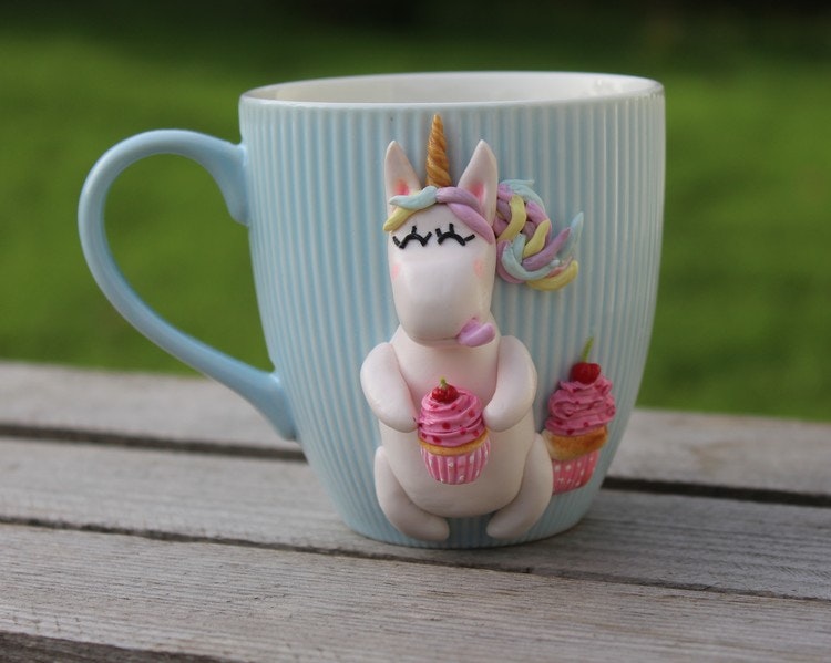 Mugg blå med randig struktur, unicorn