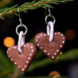 Earrings, Gingerbread Heart with Icing & Pink and White Dots, with ribbon