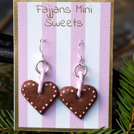 Earrings, Gingerbread Heart with Icing & Pink and White Dots, with ribbon