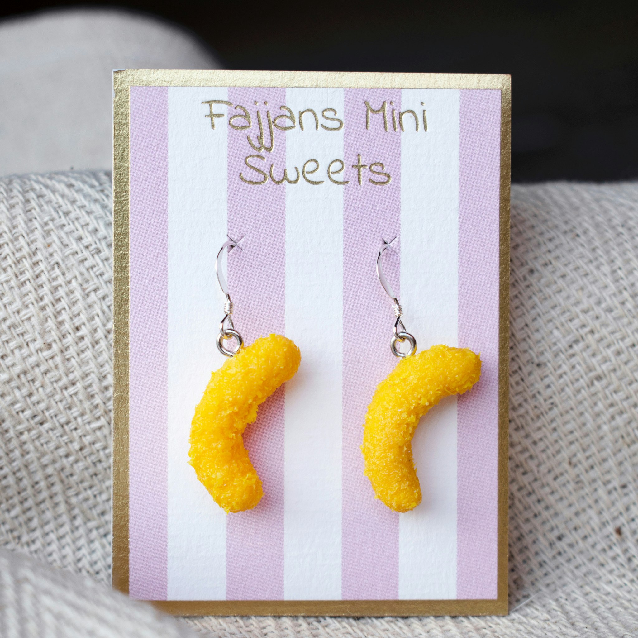 Earrings, cheese doodles