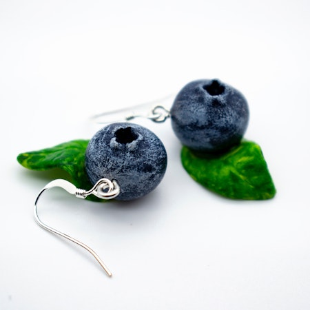 Earrings, blueberry with leaves