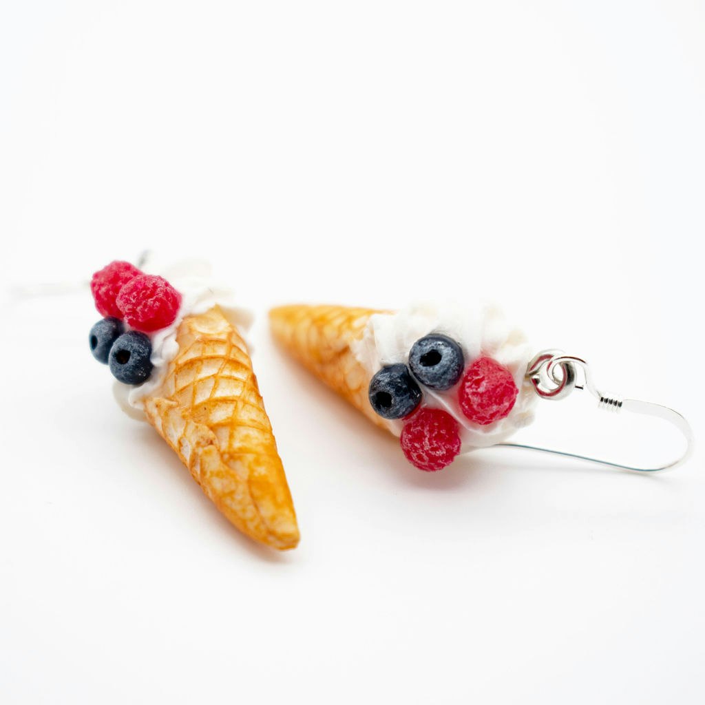 Earrings, soft ice cream with raspberries and blueberries