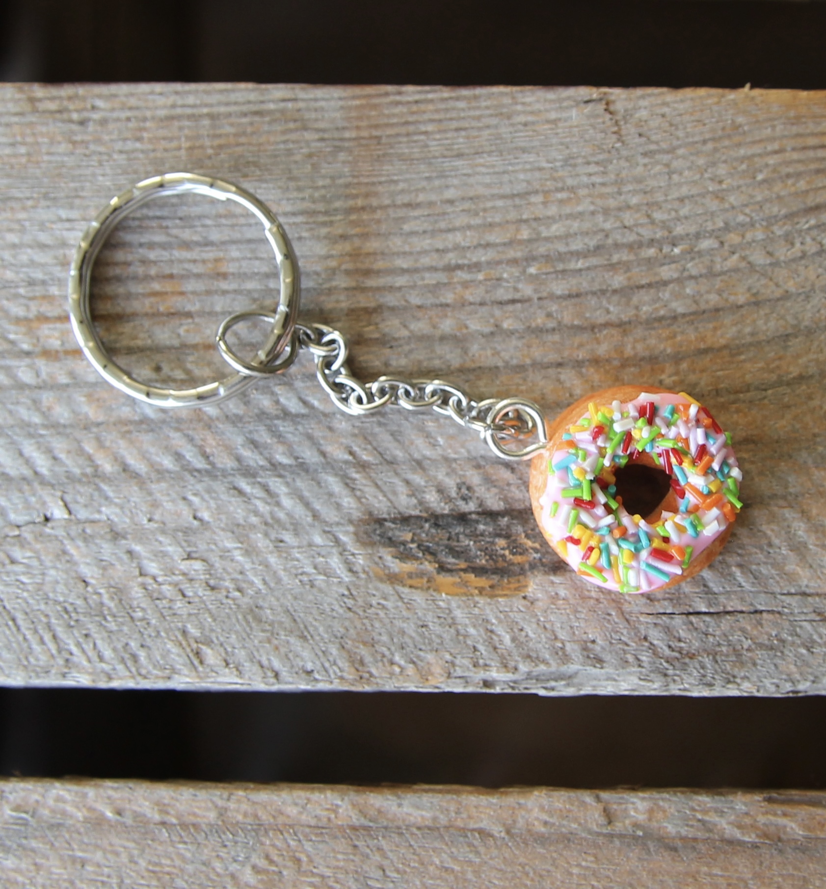 Keychain, donut with pink icing and sprinkles