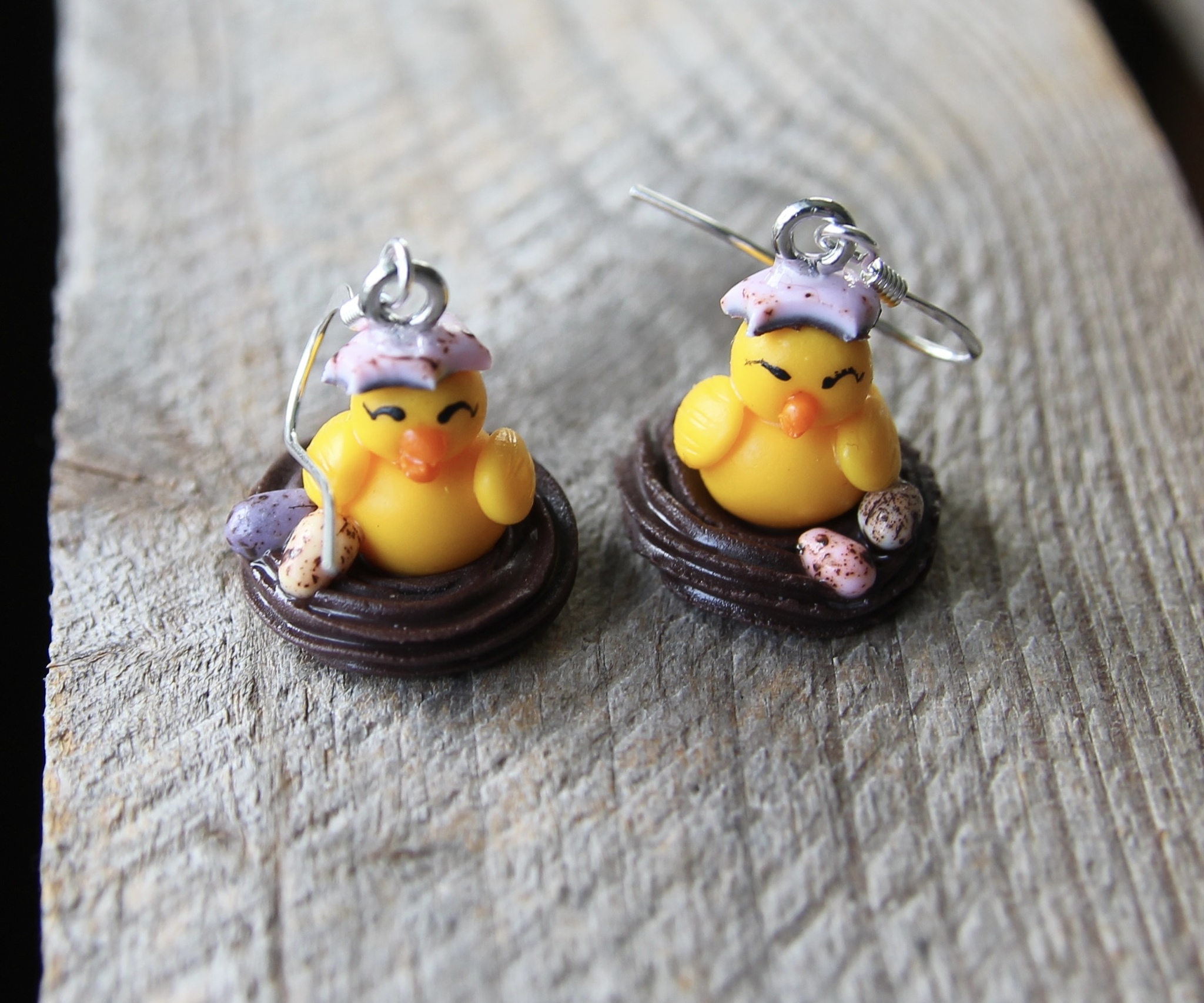 Earrings, chicks in a chocolate bird's nest with small chocolate eggs