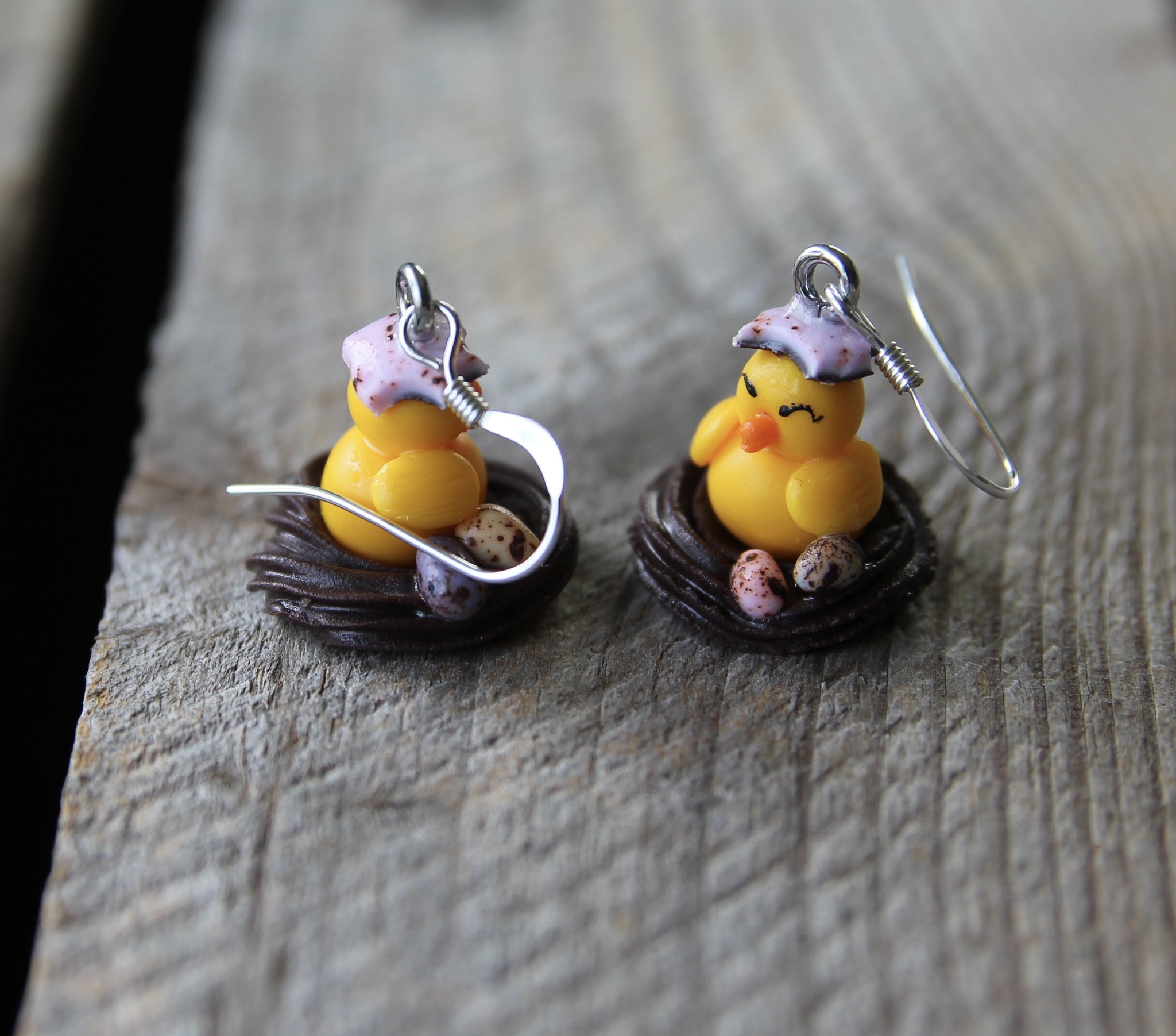 Earrings, chicks in a chocolate bird's nest with small chocolate eggs