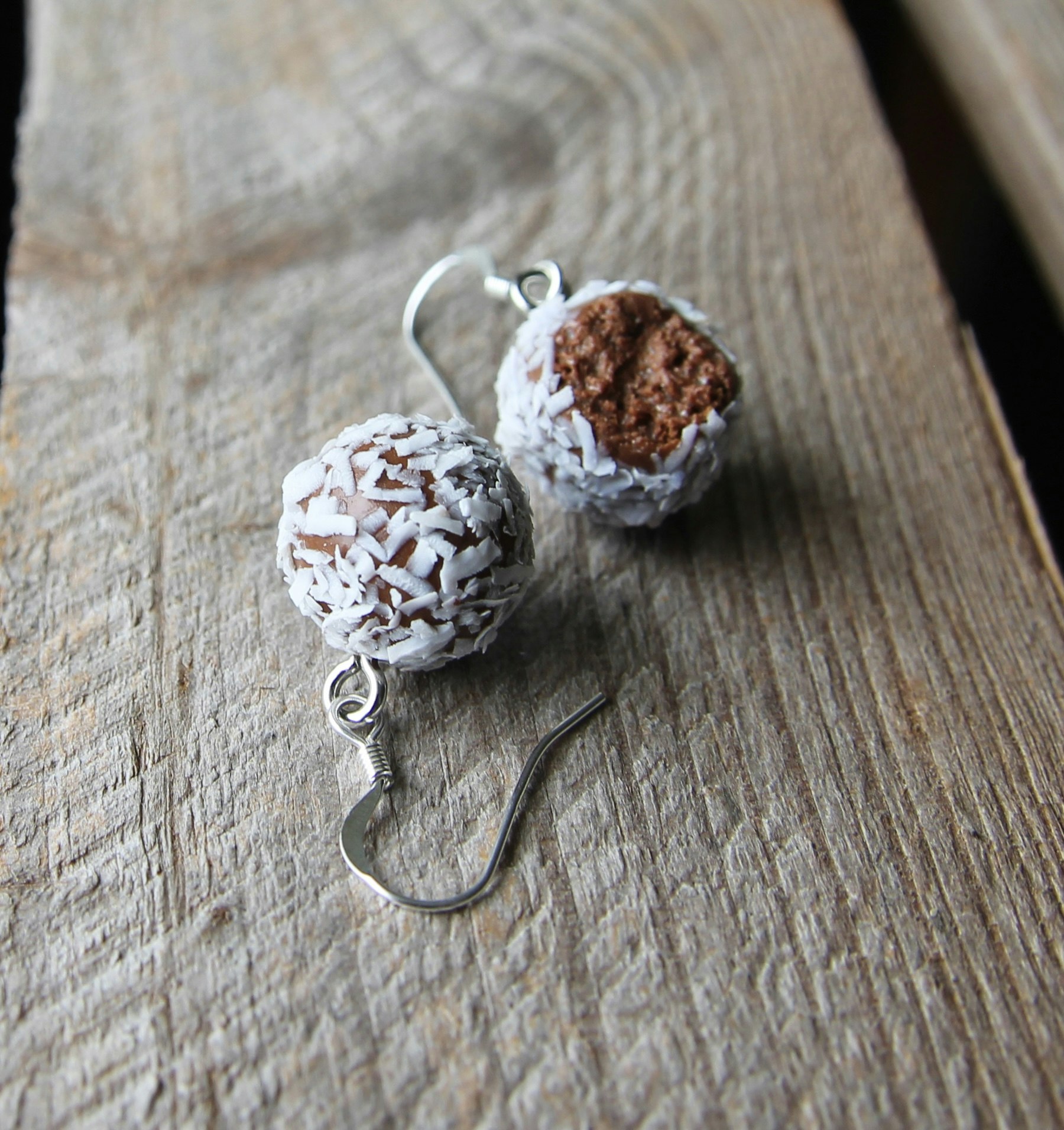 Earrings, chocolate balls with coconut
