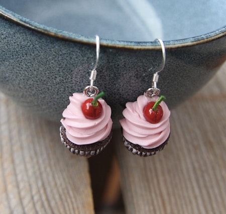 Earrings, chocolate cupcakes with pink frosting and cherries.