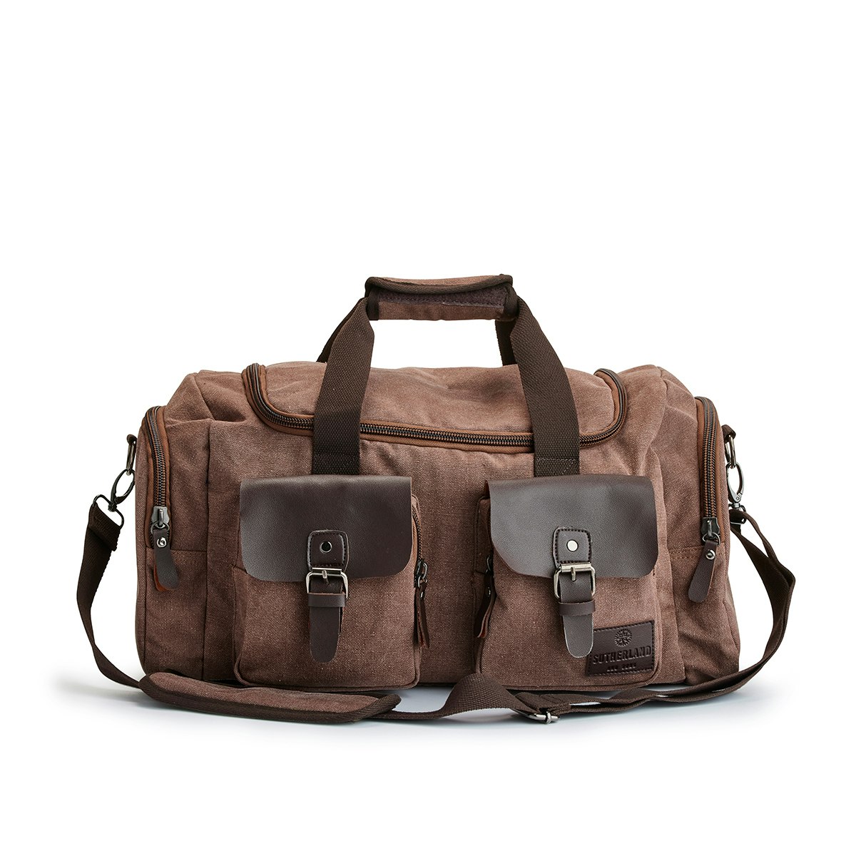 SNYGG TRENDIG DUFFELBAG MED IMITATIONSLÄDER FRÅN SUTHERLAND & SONS – BRUN