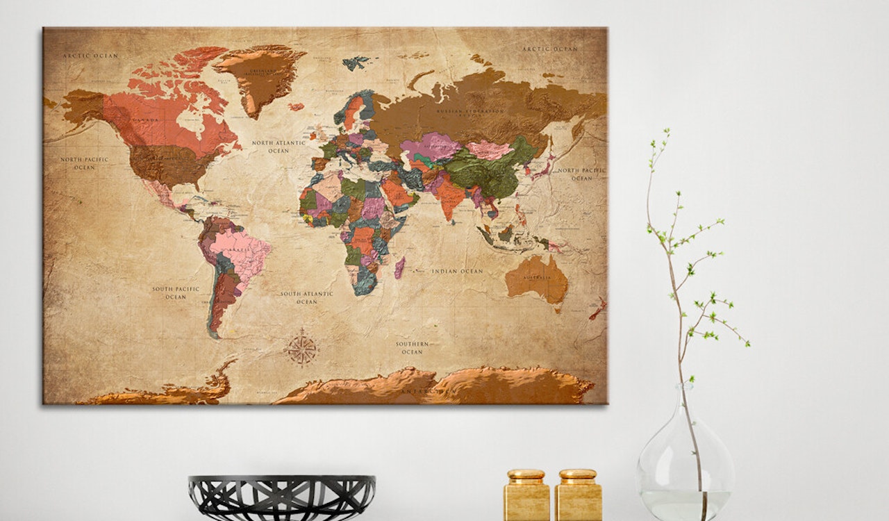 Ljuddämpande anslagstavla - World Map: Brown Elegance
