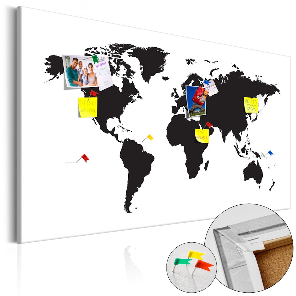 Ljuddämpande anslagstavla - World Map: Black & White Elegance