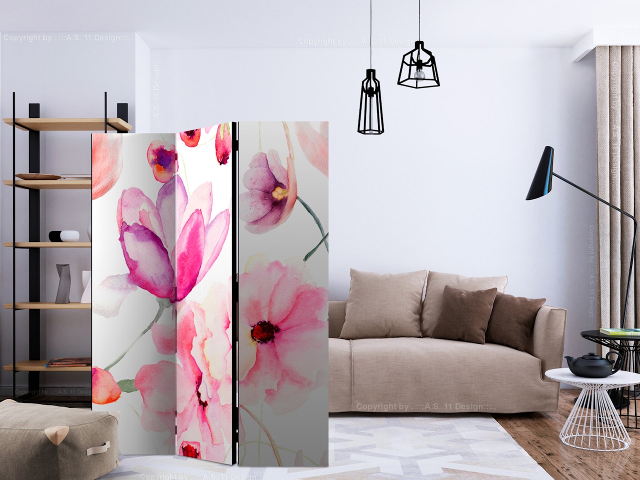 Rumsavdelare 3-delad (135x172cm) - Pink Flowers