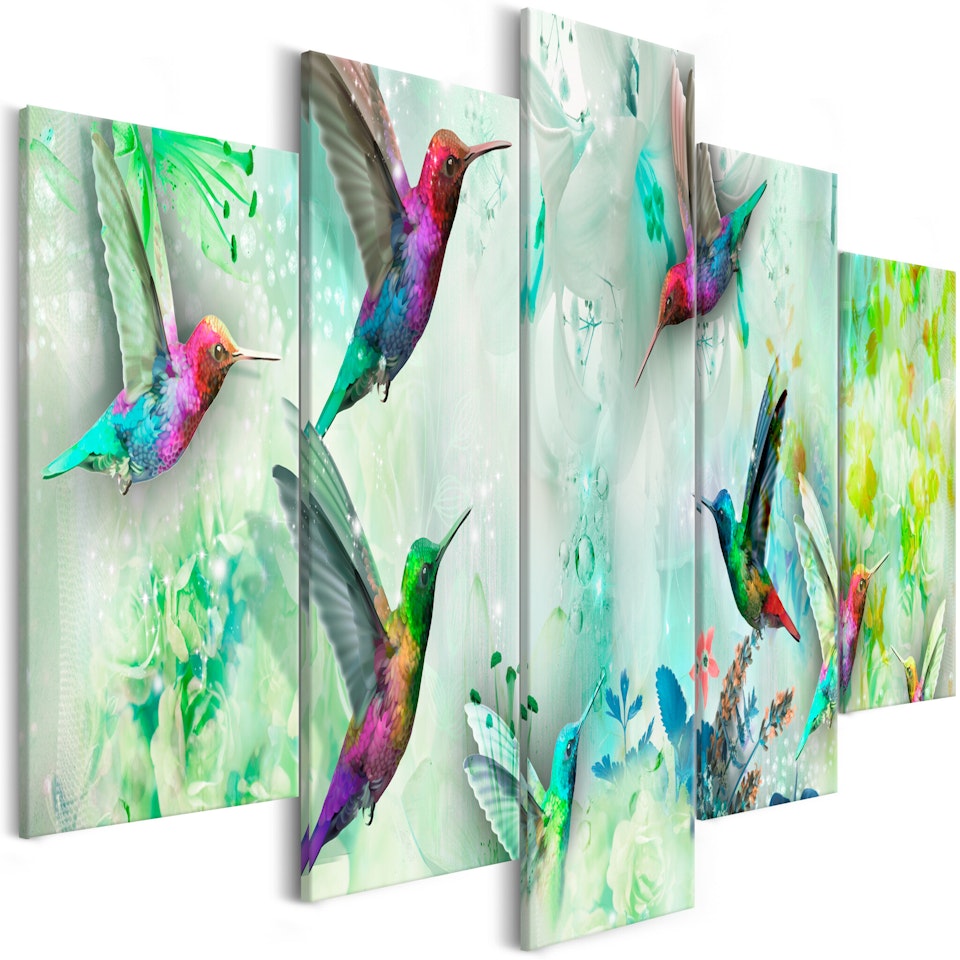 Ljuddämpande Tavla - Colourful Hummingbirds (5 Parts) Wide Green
