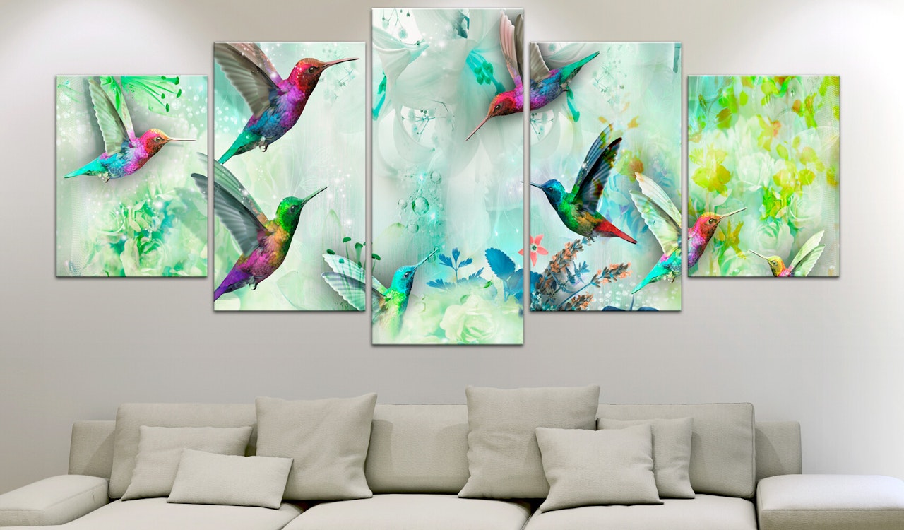 Ljuddämpande Tavla - Colourful Hummingbirds (5 Parts) Wide Green