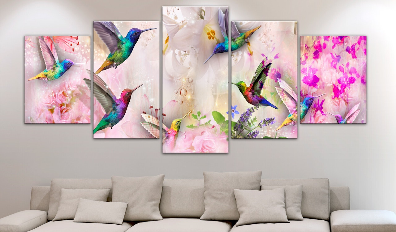 Ljuddämpande Tavla - Colourful Hummingbirds (5 Parts) Wide Pink