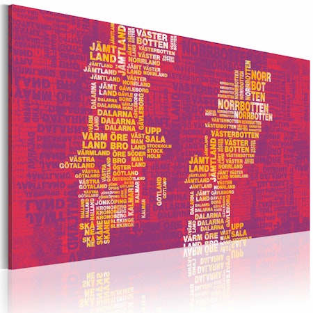 Ljuddämpande Tavla - Text karta över Sverige (rosa bakgrund)