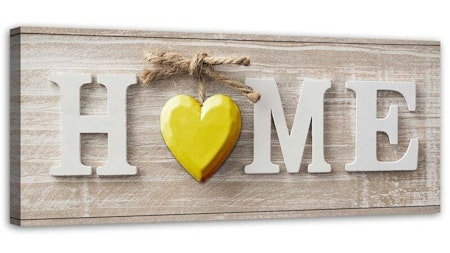 Ljuddämpande tavla - Home inscription with a yellow heart on light wood
