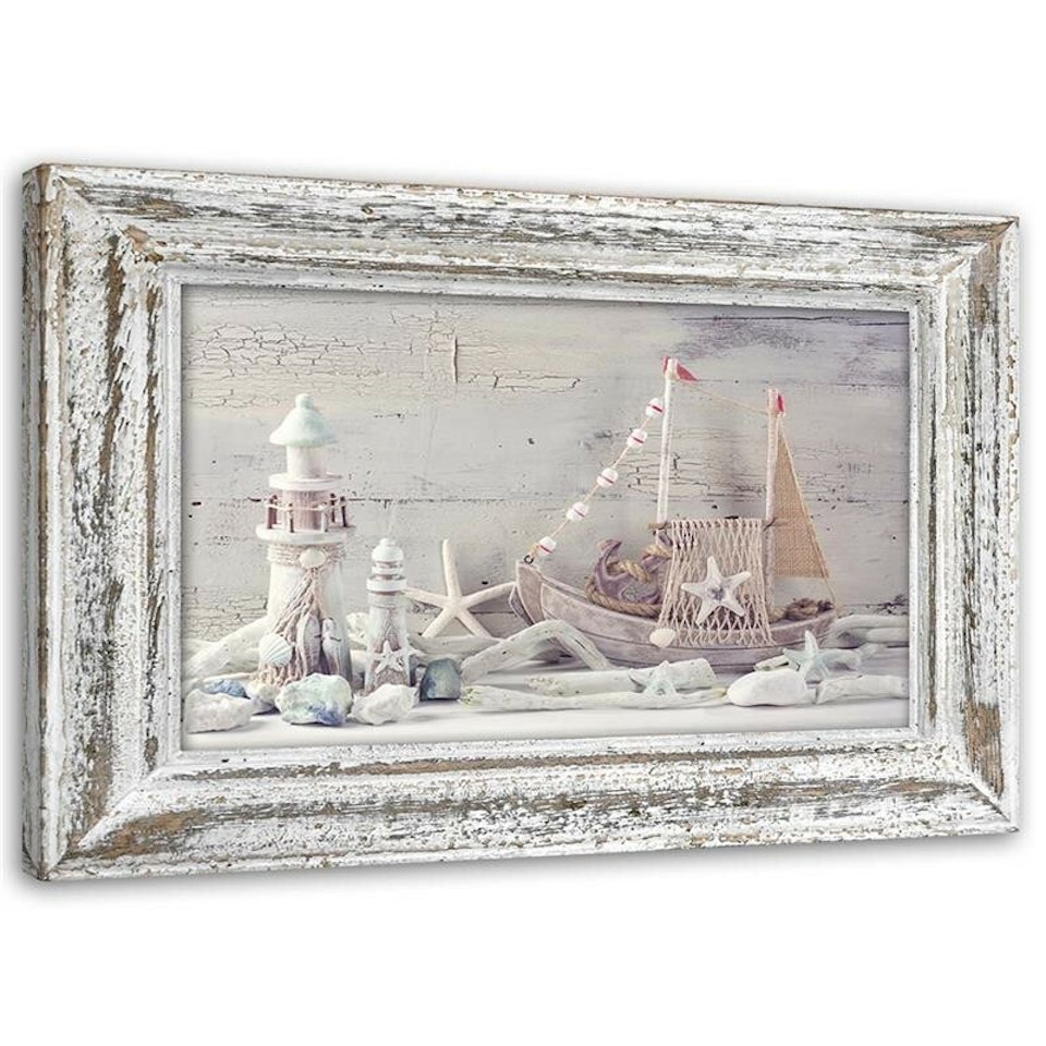 Ljuddämpande tavla "art" - Seaside souvenirs in a shabby chic wooden frame