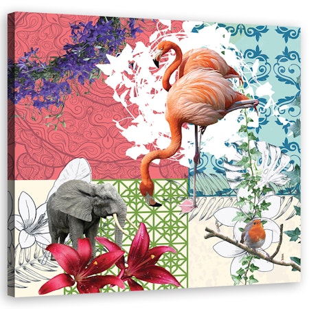 Ljuddämpande tavla - Flamingo Elephant Bird collage