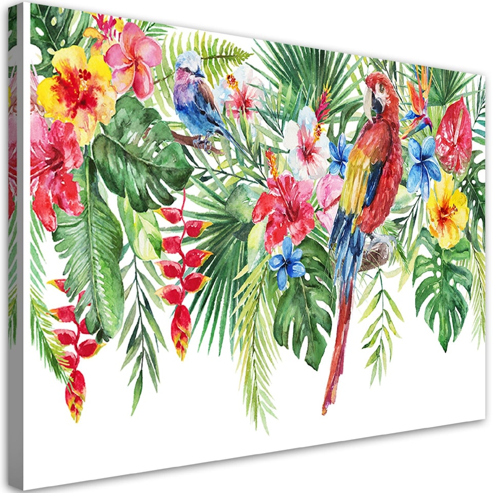 Ljuddämpande tavla - Leaves flowers and parrot