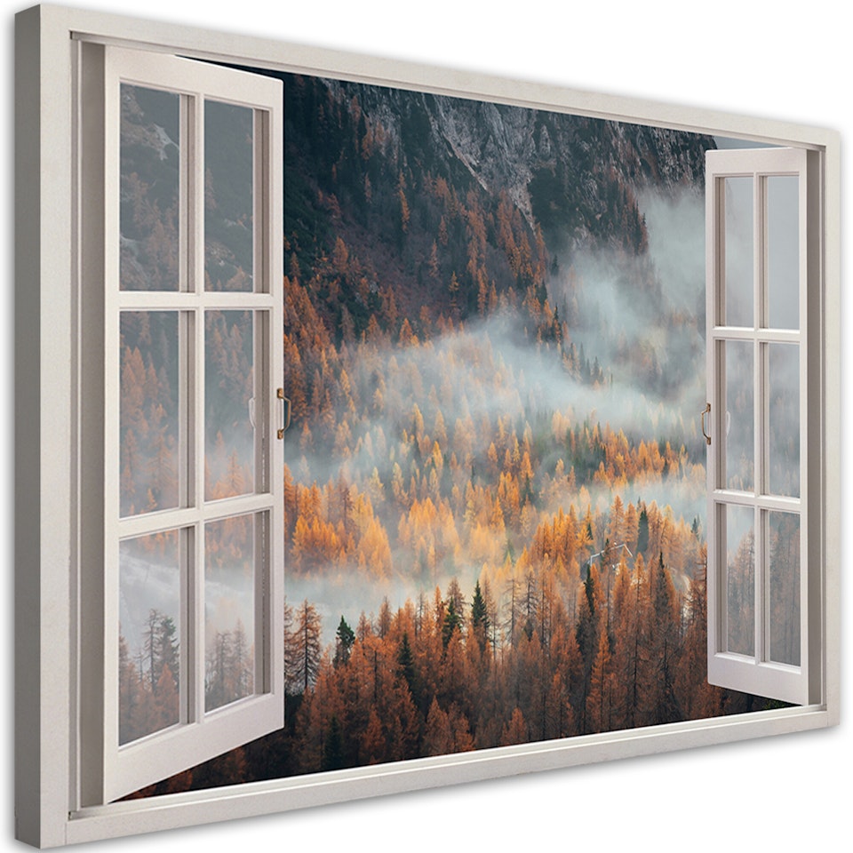 Ljuddämpande tavla - Window autumn mist in the mountains
