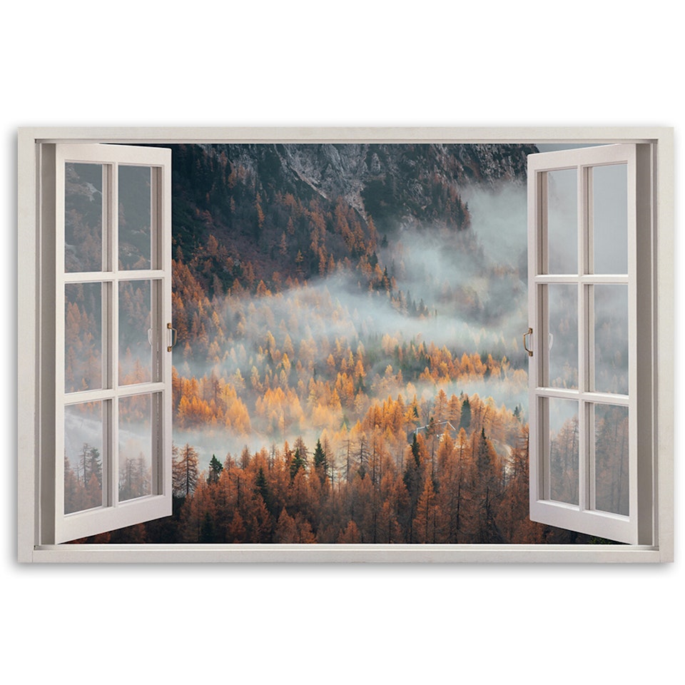 Ljuddämpande tavla - Window autumn mist in the mountains