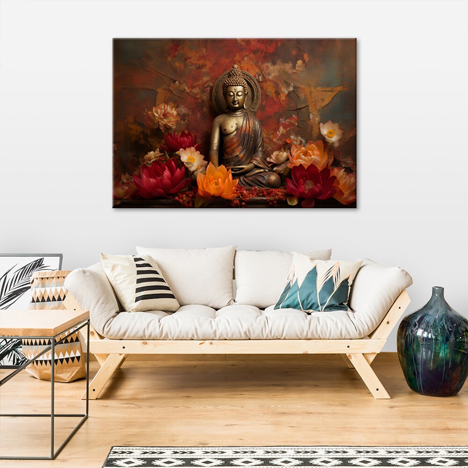 Ljuddämpande tavla "art" - Meditating Buddha and colourful flowers