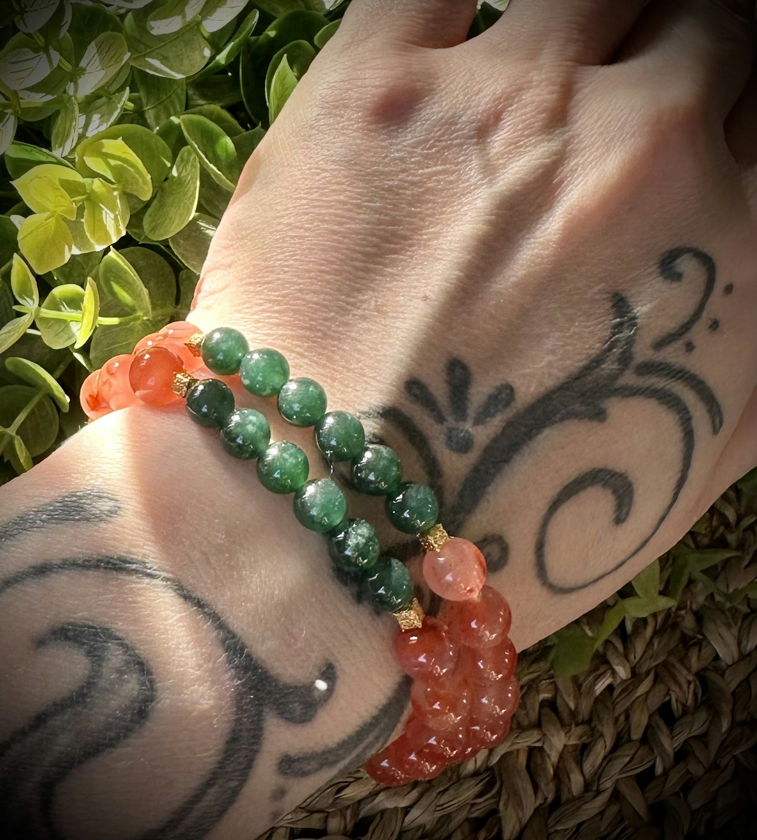 Nanhong Agat | Guatemalansk Jadeit | Armband | Halsband | 18k Guldpläterad 925 Sterling Silver