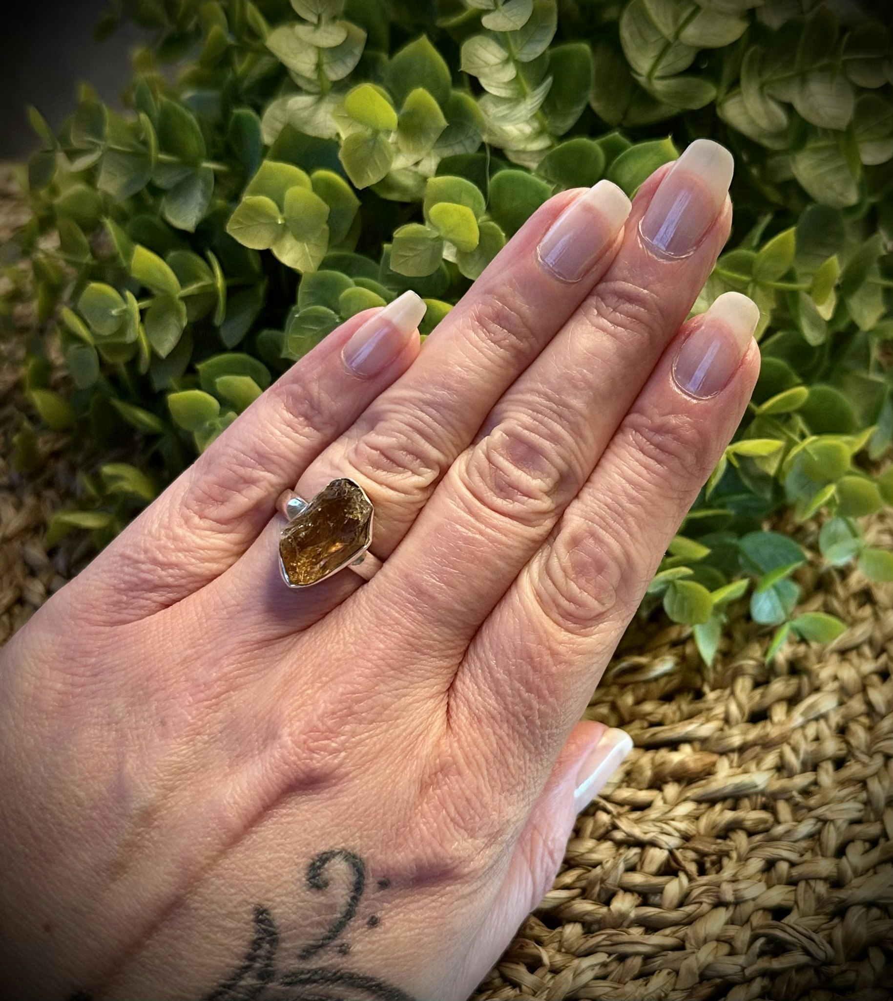 Rå infälld Naturlig Citrin Ring | 925 Sterling Silver | 18