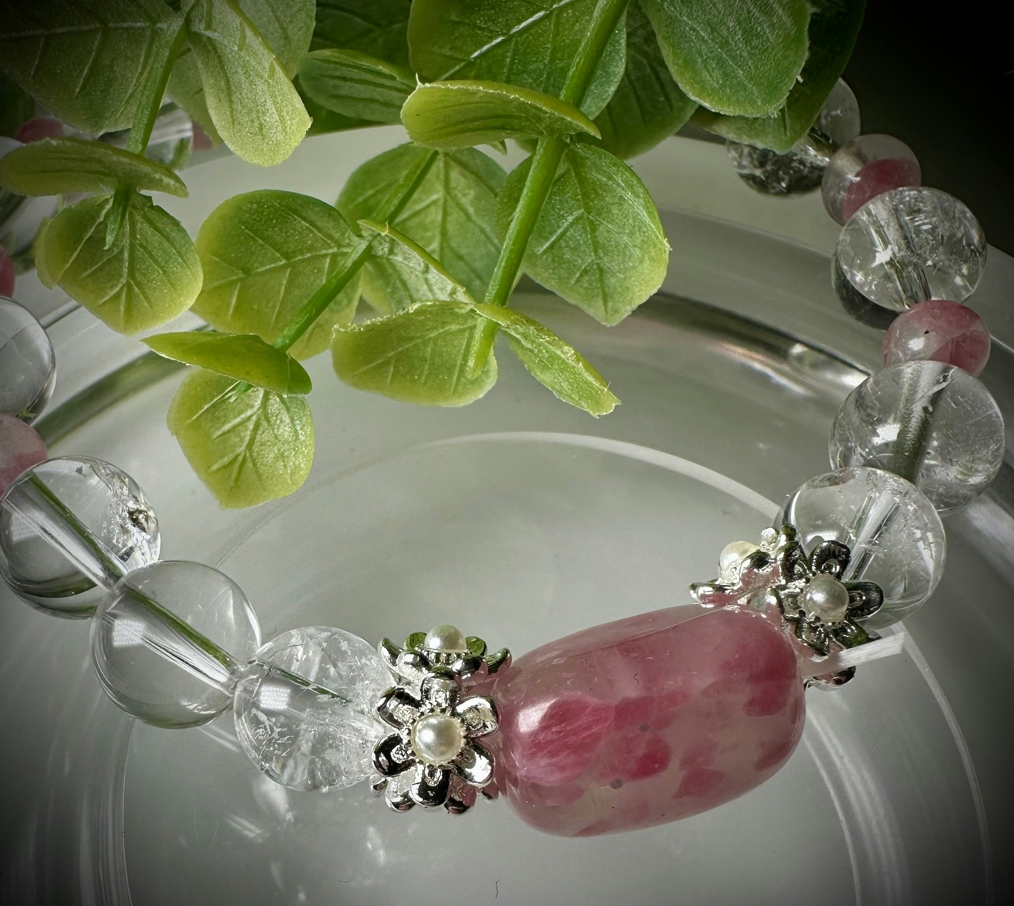 Rhodonit i Kvarts / Is-Rhodonit | Bergkristall Armband | 925 Sterling Silver