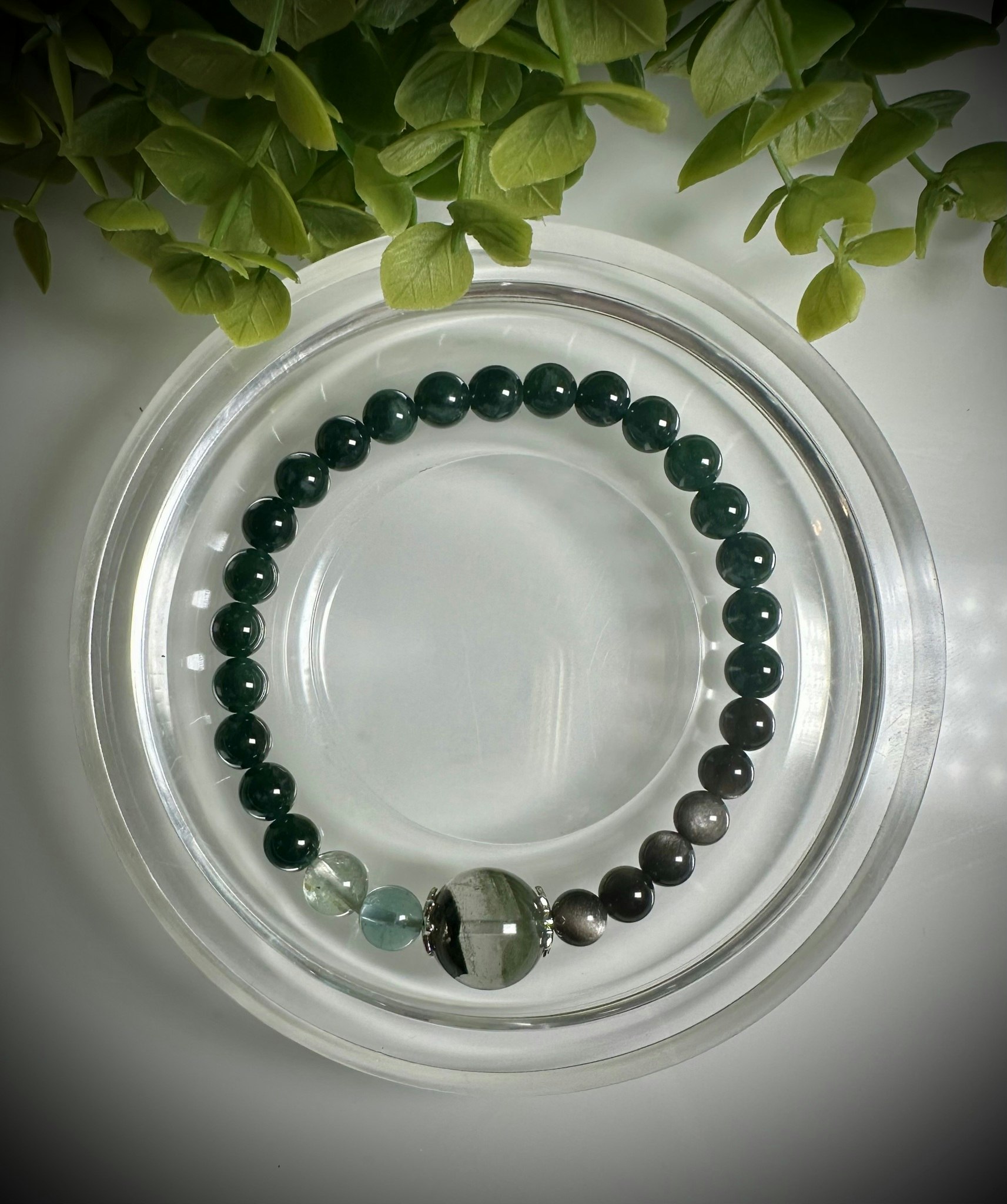 Guatemalansk Jade | Blå Fluorit | Fantomkvarts | Silverobsidian Armband | 925 Sterling Silver