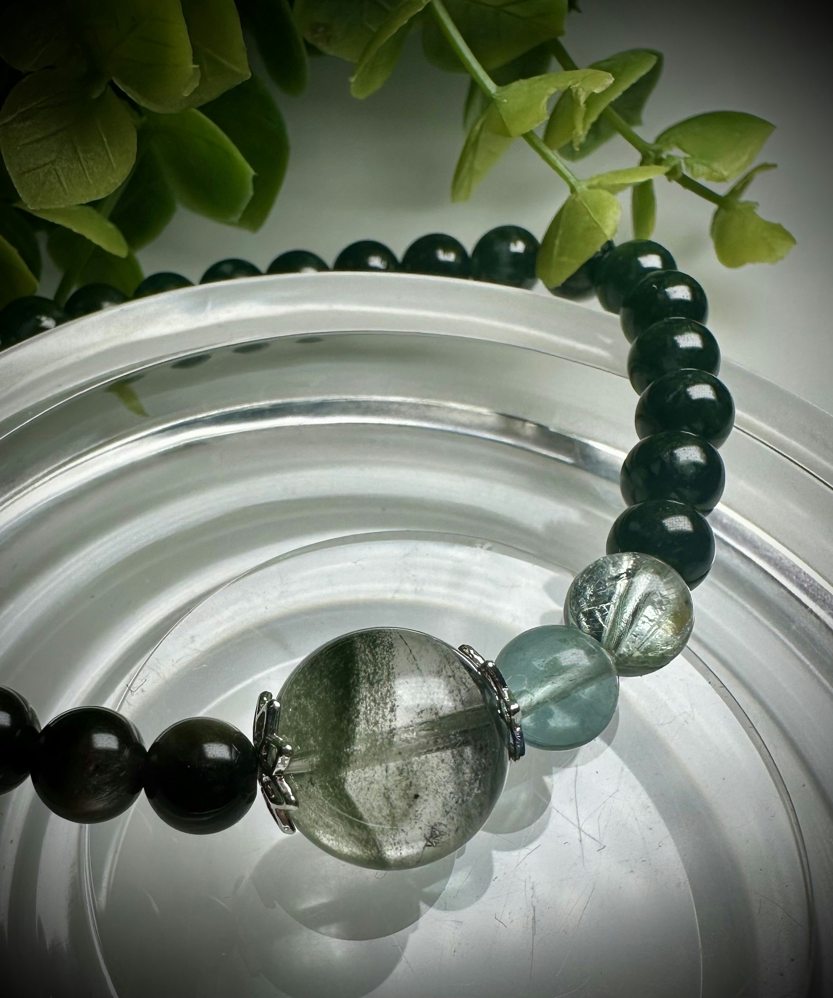 Guatemalansk Jade | Blå Fluorit | Fantomkvarts | Silverobsidian Armband | 925 Sterling Silver