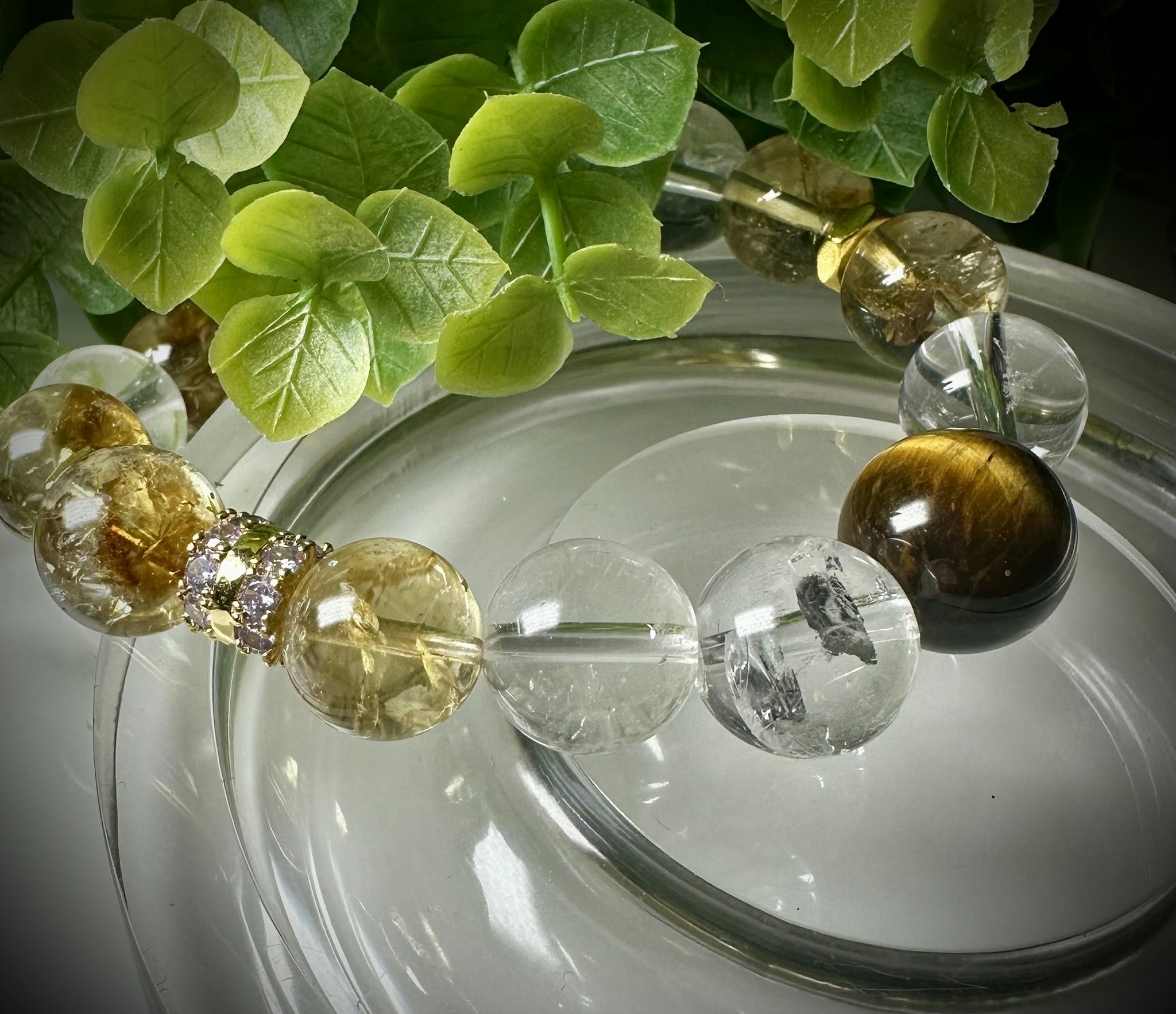 Tigeröga | Bergkristall | Citrin med en spacer med Facetterad Rose De France Ametist Armband | 925 Sterling Silver