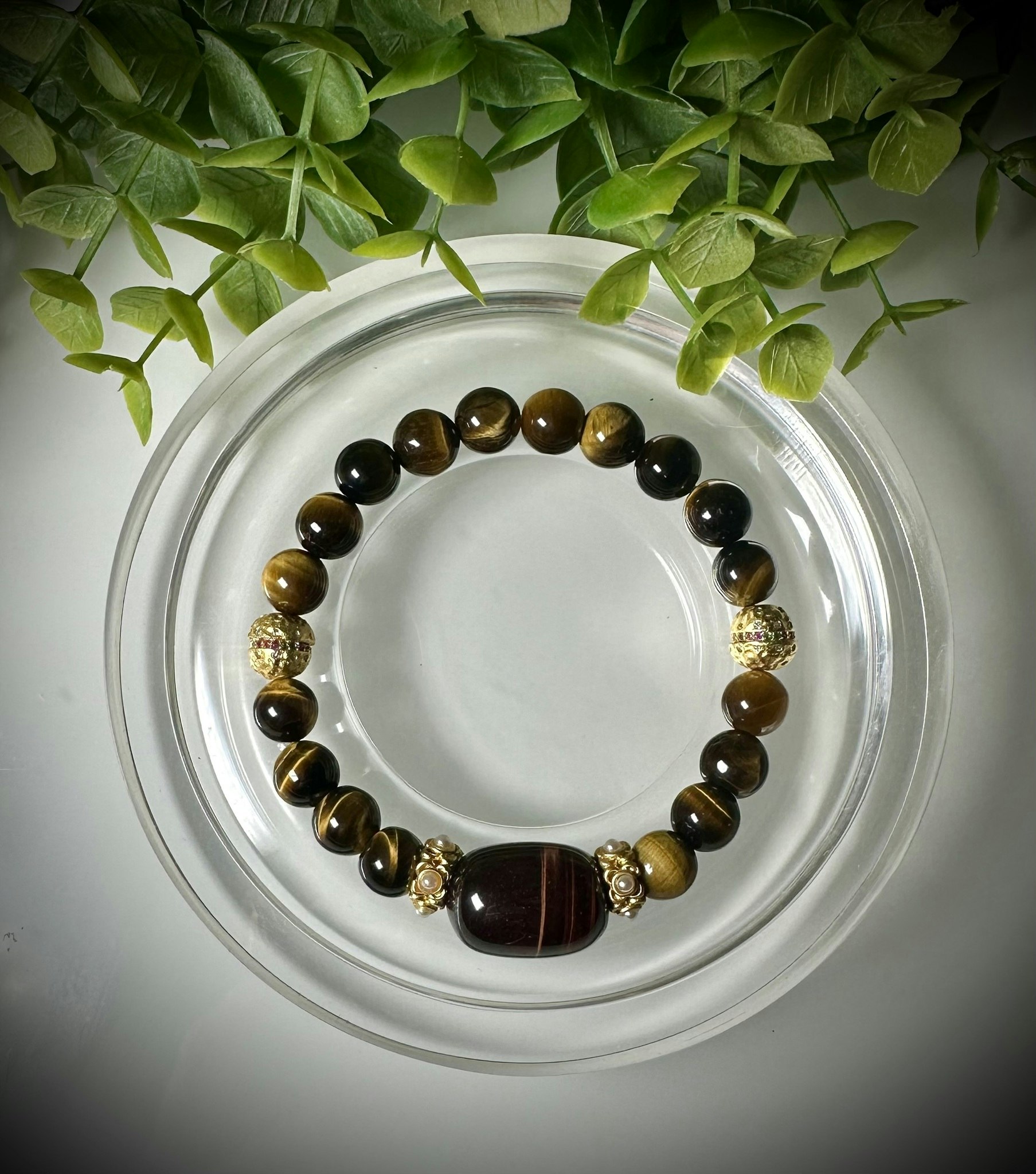 Oxöga | Tigeröga med spacers med Pärla, Rubin och Grön Turmalin Armband | 925 Sterling Silver