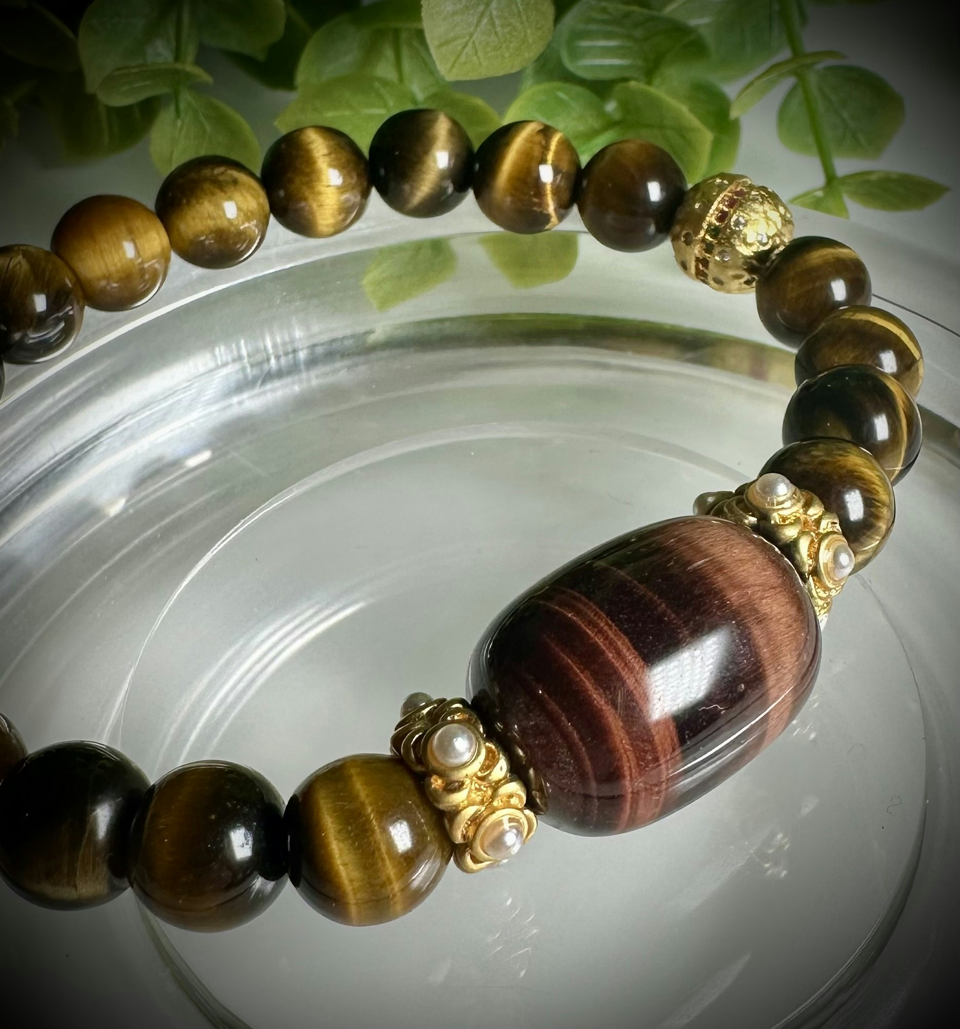Oxöga | Tigeröga med spacers med Pärla, Rubin och Grön Turmalin Armband | 925 Sterling Silver