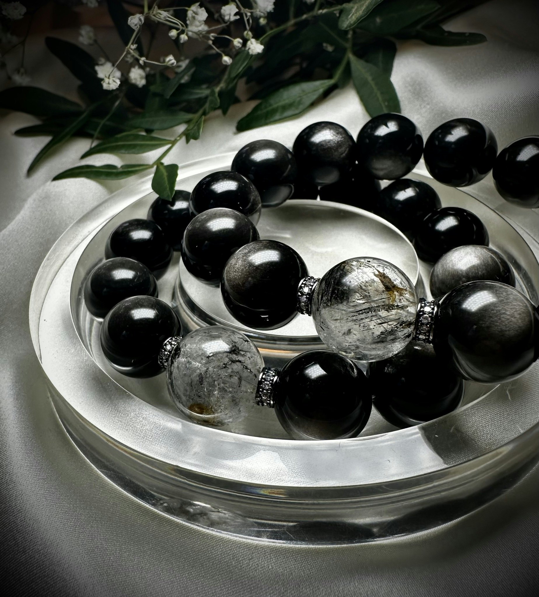 Silverobsidian | Herkimer Armband | 925 Sterling Silver | 14 mm