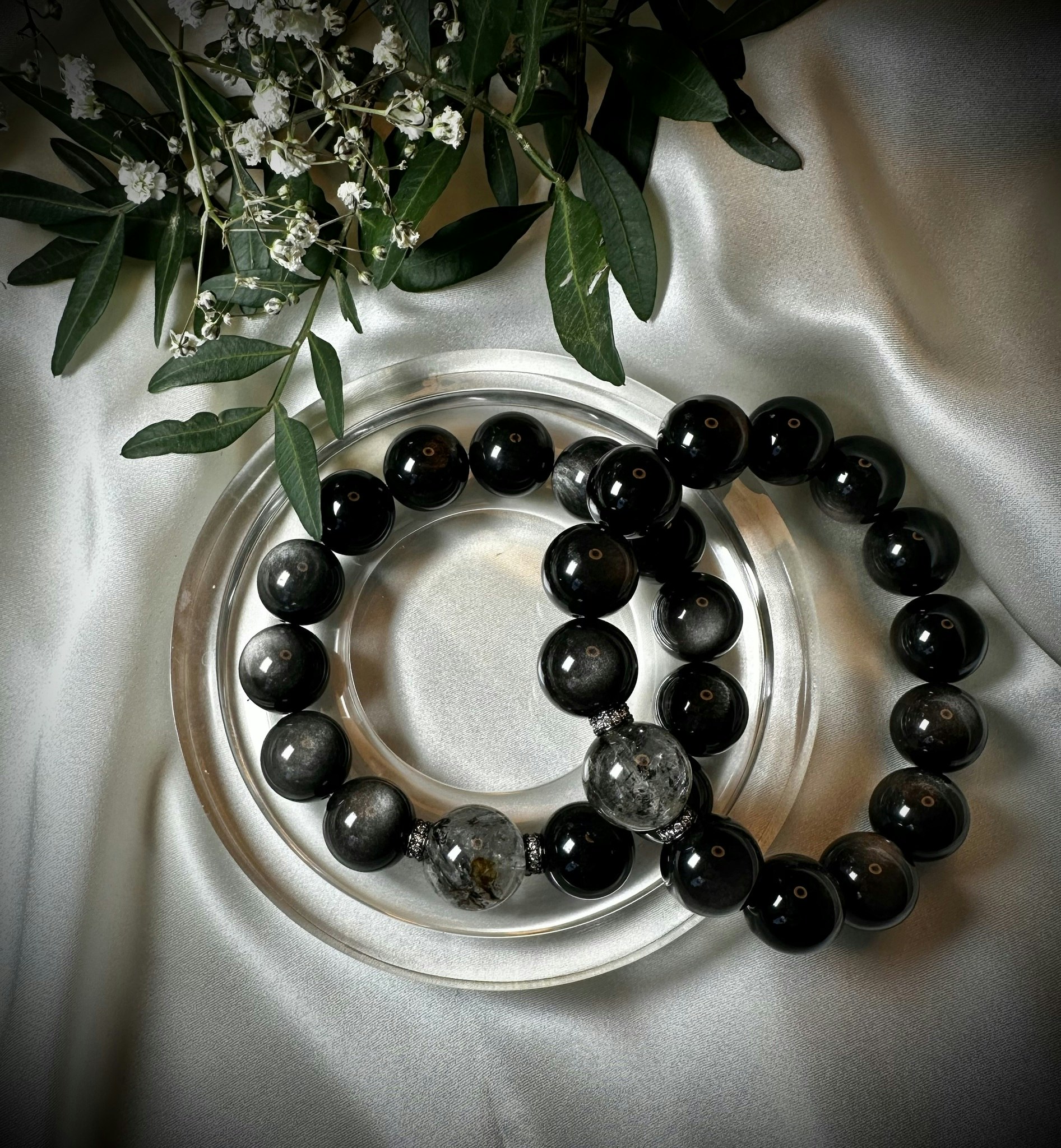 Silverobsidian | Herkimer Armband | 925 Sterling Silver | 14 mm