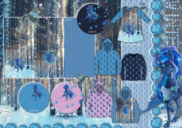 Hästar blå French terry panel (3-i-1 paneler)