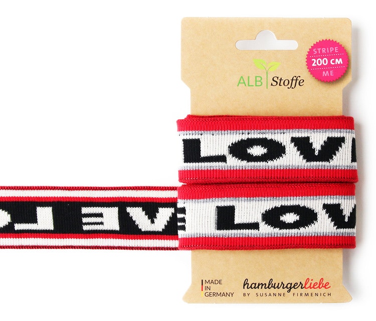 Hamburger Liebe elastiska band LOVE Vita med röda och silvriga band
