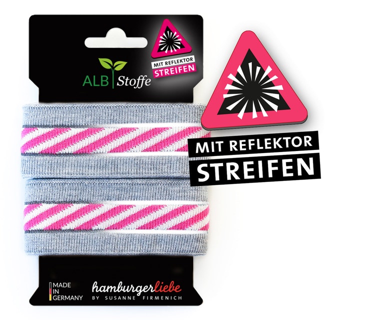 Hamburger Liebes elastiskt band Reflektor Gråa med rosa och vita ränder