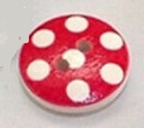 Rund träknapp röd bakgrund vita prickar två hål