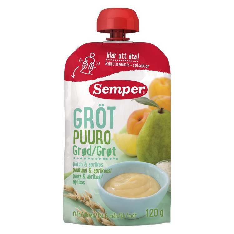 Semper Äter Gröt med frukt i klämpåse 6M 120 g - Päron & Aprikos