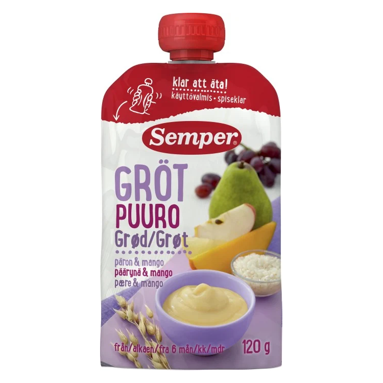 Semper Eats Porridge with fruit in a squeeze bag 6M 120 g - Pear & Mango