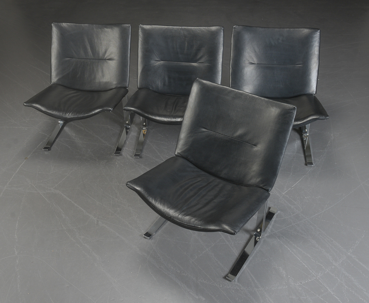 4 x vintage Sessel aus schwarzem Leder & Chrom - 1970er Jahre