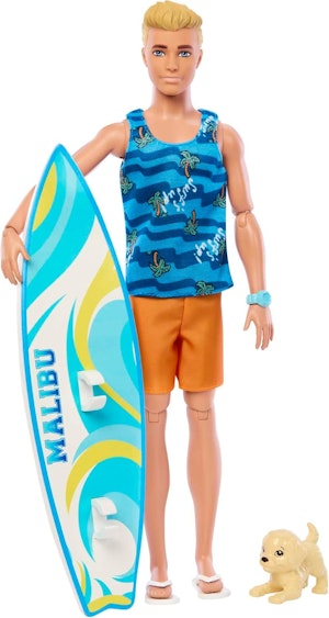 Ken docka med surfbräda och hundvalp
