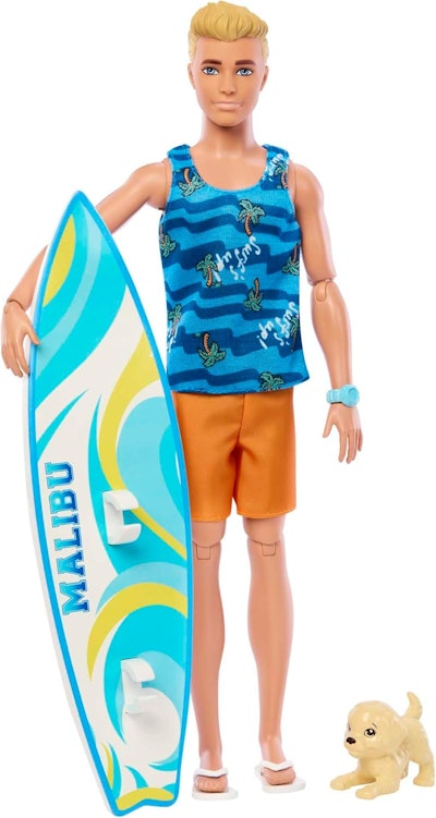 Ken docka med surfbräda och hundvalp