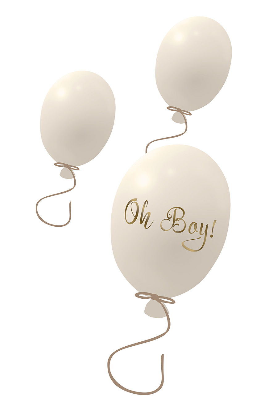 Väggklistermärke partyballonger 3-pack, cream Väggklistermärke bestående av en stor ballong med texten Oh boy och två mindre ballonger
